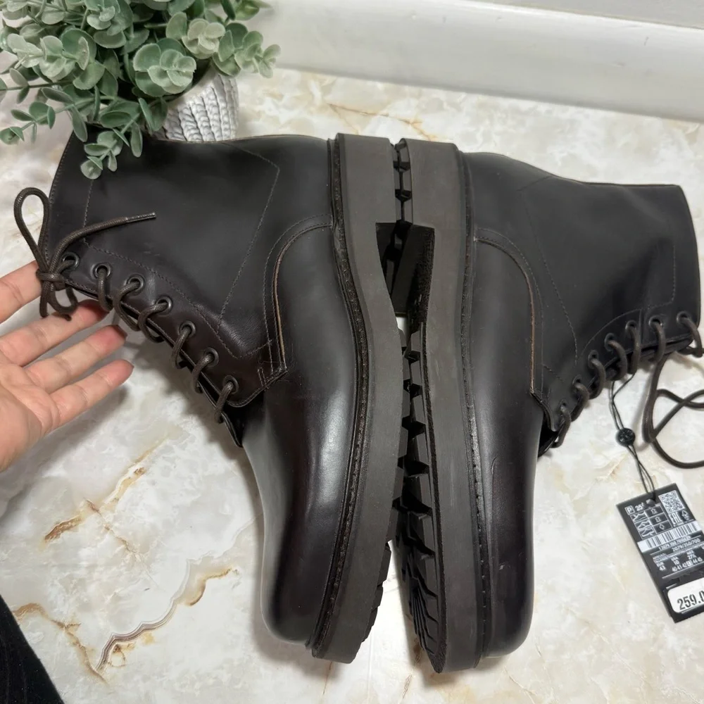 NWT‎ Massimo Dutti Men's Brown Leather Lace Up Boots Size 10 (43) Minimalist